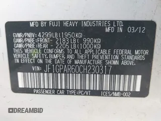 2012 Subaru Impreza Special Sports Limited with VIN JF1GPAR60CH230317, listed as a IAAI auction lot 41595638 with 145,149 mi miles and . Bid and sale history available at DreamBid. Image 9.