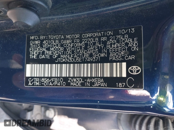 2014 Toyota Prius Four with VIN JTDKN3DU5E1749371, listed as a IAAI auction lot 42018410 with 115,395 mi miles. Bid and sale history available at carsss.com. Image 9.