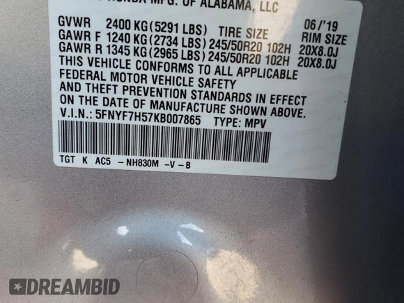 2019 Honda Passport EX-L with VIN 5FNYF7H57KB007865, listed as a Copart auction lot 51352775 with 43,846 mi miles and Salvage Title. Bid and sale history available at carsss.com. Image 15.