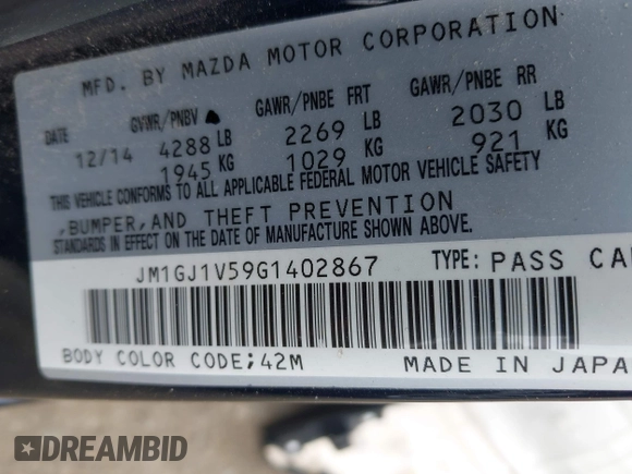2016 Mazda Mazda6 i Touring with VIN JM1GJ1V59G1402867, listed as a IAAI auction lot 41998212 with 135,724 mi miles. Bid and sale history available at carsss.com. Image 9.