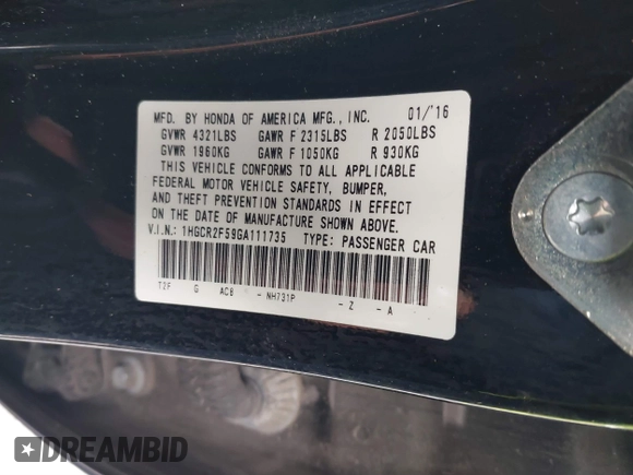 2016 Honda Accord Sport z VIN 1HGCR2F59GA111735, wystawiony jako IAAI lot #41669071 z przebiegiem 108 082 mil mil oraz . Historia ofert i sprzedaży dostępna na DreamBid. Obrazek 9.