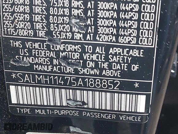2005 Land Rover Range Rover with VIN SALMH11475A188852, listed as a IAAI auction lot 41351979 with Not Provided miles and . Bid and sale history available at DreamBid. Image 9.