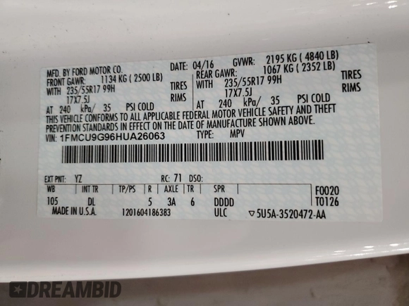 2017 Ford Escape SE with VIN 1FMCU9G96HUA26063, listed as a Copart auction lot 52075765 with 165,444 mi miles and Salvage Title. Bid and sale history available at carsss.com. Image 14.