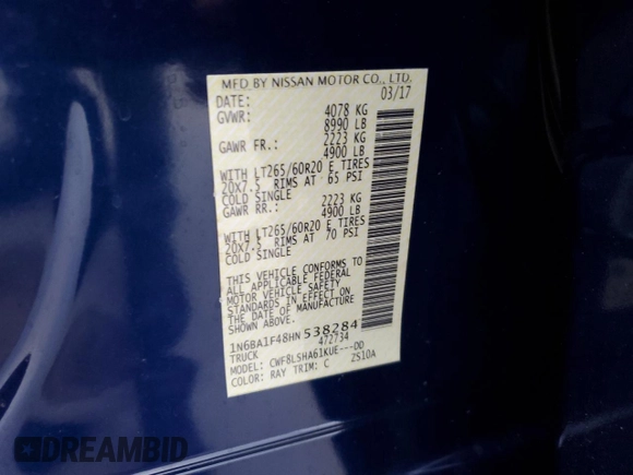 2017 Nissan Titan Pro-4X z VIN 1N6BA1F48HN538284, wystawiony jako Copart lot #58839655 z przebiegiem Nie podano mil oraz Nie do naprawy • Non repairable. Historia ofert i sprzedaży dostępna na DreamBid. Obrazek 12.