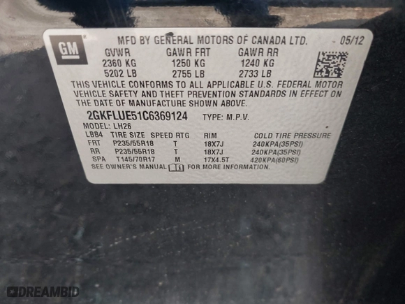 2012 GMC Terrain SLT-1 with VIN 2GKFLUE51C6369124, listed as a IAAI auction lot 41571362 with 156,070 mi miles. Bid and sale history available at carsss.com. Image 9.