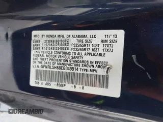 2014 Honda Odyssey EX-L with VIN 5FNRL5H68EB049914, listed as a IAAI auction lot 41986894 with 125,222 mi miles and . Bid and sale history available at carsss.com. Image 9.