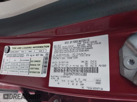2017 Ford Fusion SE with VIN 3FA6P0H70HR416588, listed as a IAAI auction lot 42184878 with 28,920 mi miles and . Bid and sale history available at DreamBid. Image 9.