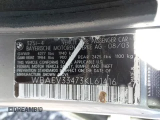 2003 BMW 3 Series 325i with VIN WBAEV33473KL61416, listed as a IAAI auction lot 41624573 with 288,961 mi miles and . Bid and sale history available at DreamBid. Image 9.