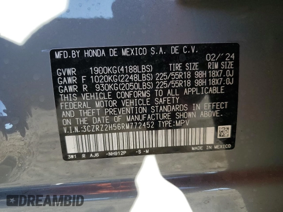 2024 Honda HR-V Sport with VIN 3CZRZ2H56RM772452, listed as a Copart auction lot 85646414 with 8,848 mi miles and Salvage Title. Bid and sale history available at carsss.com. Image 15.