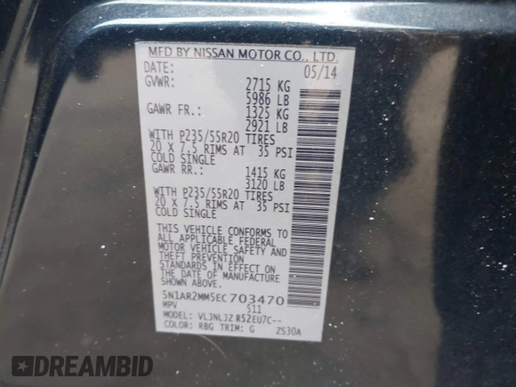 2014 Nissan Pathfinder SL with VIN 5N1AR2MM5EC703470, listed as a IAAI auction lot 42075929 with 124,920 mi miles. Bid and sale history available at carsss.com. Image 9.