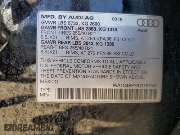 2018 Audi SQ5 with VIN WA1C4BFY6J2151547, listed as a Copart auction lot 58125934 with 69,505 mi miles and Salvage Title. Bid and sale history available at DreamBid. Image 13.