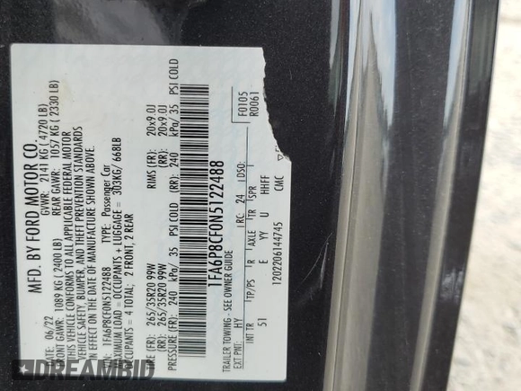 2022 Ford Mustang GT with VIN 1FA6P8CF0N5122488, listed as a Copart auction lot 55222715 with 11,764 mi miles and Salvage title. Bid and sale history available at DreamBid. Image 13.