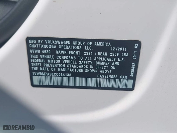 2012 Volkswagen Passat SE w/Sunroof with VIN 1VWBM7A32CC034133, listed as a IAAI auction lot 41889788 with 154,028 mi miles. Bid and sale history available at carsss.com. Image 9.