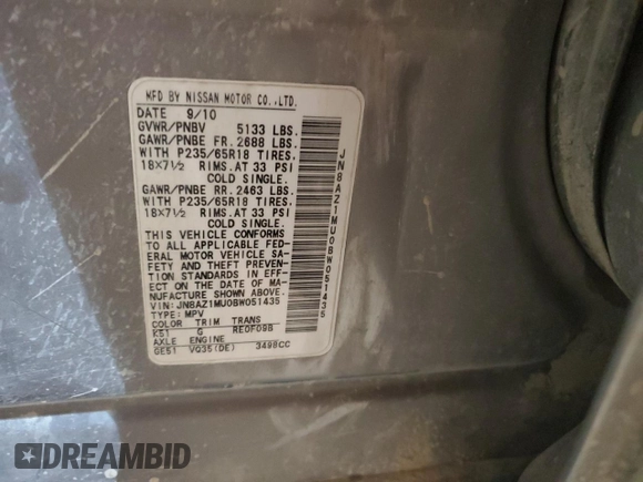 2011 Nissan Murano LE with VIN JN8AZ1MU0BW051435, listed as a Copart auction lot 46990035 with 214,689 mi miles and Non Repairable. Bid and sale history available at carsss.com. Image 13.