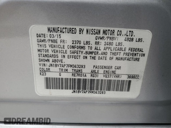 2015 Infiniti Q50 Sport with VIN JN1BV7AP7FM343293, listed as a Copart auction lot 53559645 with 123,386 mi miles and Salvage title. Bid and sale history available at DreamBid. Image 12.