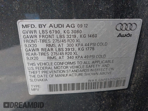2013 Audi Q7 Premium Plus with VIN WA1LGAFE5DD004376, listed as a IAAI auction lot 42663510 with 136,891 mi miles and . Bid and sale history available at DreamBid. Image 9.