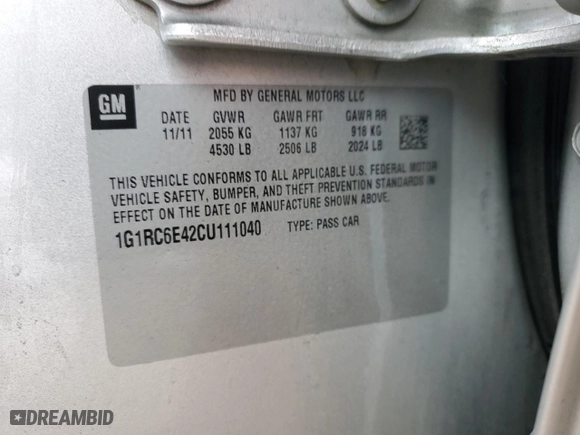 2012 Chevrolet Volt with VIN 1G1RC6E42CU111040, listed as a Copart auction lot 50721405 with 133,356 mi miles and Salvage Title. Bid and sale history available at carsss.com. Image 12.