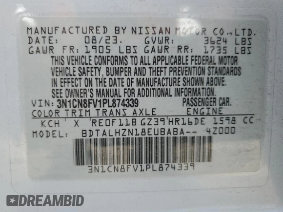 2023 Nissan Versa SR with VIN 3N1CN8FV1PL874339, listed as a Copart auction lot 54164915 with 24,678 mi miles and Salvage title. Bid and sale history available at DreamBid. Image 12.