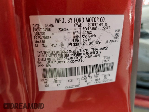 2006 Ford Escape XLT with VIN 1FMYU03136KD25536, listed as a Copart auction lot 56892805 with 187,216 mi miles and Salvage title. Bid and sale history available at DreamBid. Image 13.