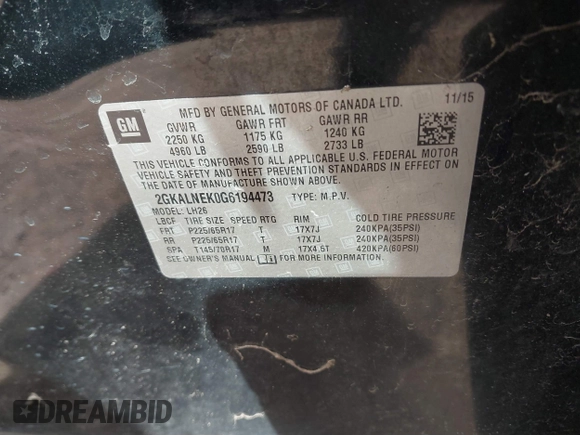 2016 GMC Terrain SLE with VIN 2GKALNEK0G6194473, listed as a IAAI auction lot 41718524 with 108,973 mi miles. Bid and sale history available at carsss.com. Image 9.