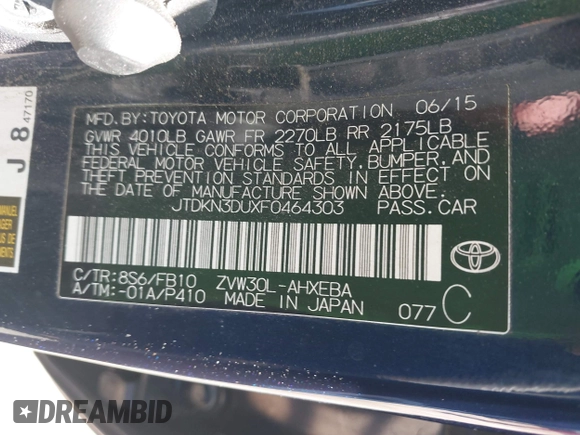 2015 Toyota Prius Four with VIN JTDKN3DUXF0464303, listed as a IAAI auction lot 41939905 with 154,075 mi miles. Bid and sale history available at carsss.com. Image 9.