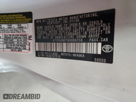 2006 Toyota Solara SE with VIN 4T1FA38P76U095759, listed as a Copart auction lot 68620734 with 215,497 mi miles and Clean Title. Bid and sale history available at DreamBid. Image 12.