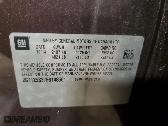 2015 Chevrolet Impala LT с VIN 2G1125S37F9148561, выставлен на аукционе Copart как лот 57534315 с пробегом 93 500 миль миль и Списание • Salvage title. История ставок и продаж доступна на DreamBid. Изображение 13.