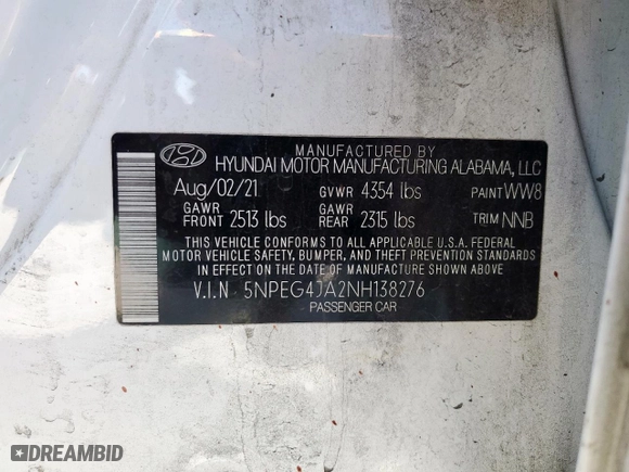 2022 Hyundai Sonata SE with VIN 5NPEG4JA2NH138276, listed as a Copart auction lot 50102435 with 91,428 mi miles and Salvage Title. Bid and sale history available at carsss.com. Image 13.
