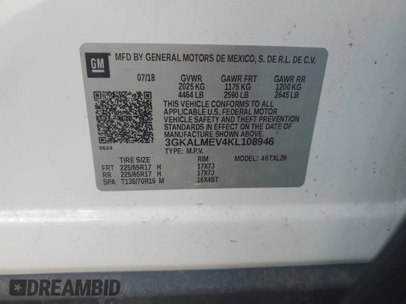 2019 GMC Terrain SLE with VIN 3GKALMEV4KL108946, listed as a Copart auction lot 54629215 with 205,830 mi miles and Clean Title. Bid and sale history available at carsss.com. Image 12.