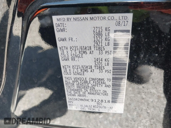 2017 Nissan Pathfinder SL with VIN 5N1DR2MN9HC912818, listed as a IAAI auction lot 42393651 with 59,113 mi miles and . Bid and sale history available at DreamBid. Image 9.