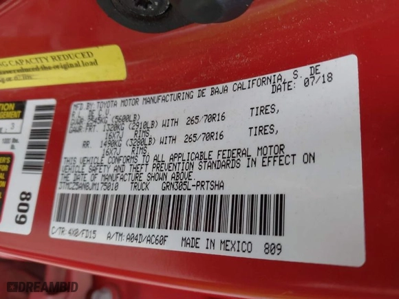 2018 Toyota Tacoma SR with VIN 3TMCZ5AN8JM175010, listed as a IAAI auction lot 41116090 with 151,769 mi miles. Bid and sale history available at carsss.com. Image 9.