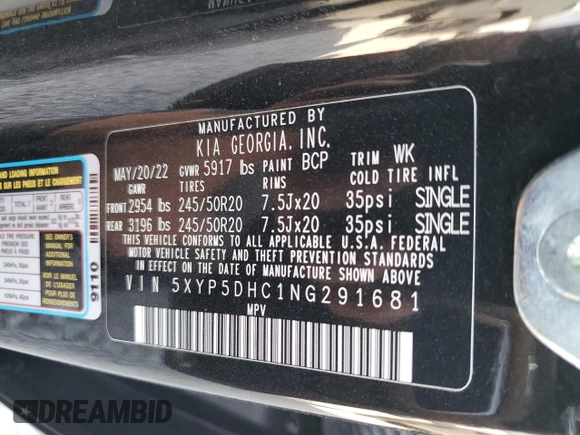 2022 Kia Telluride SX z VIN 5XYP5DHC1NG291681, wystawiony jako Copart lot #47449155 z przebiegiem 44 137 mil mil oraz Szkoda całkowita • Salvage title. Historia ofert i sprzedaży dostępna na DreamBid. Obrazek 12.