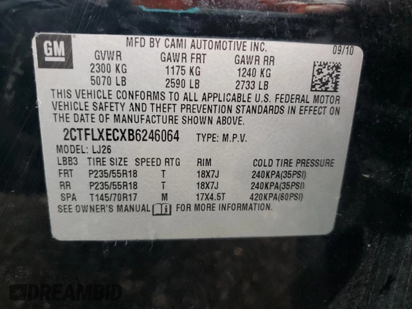 2011 GMC Terrain SLT-2 with VIN 2CTFLXECXB6246064, listed as a Copart auction lot 53711415 with 137,298 mi miles and Clean Title. Bid and sale history available at DreamBid. Image 13.
