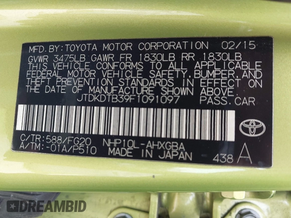 2015 Toyota Prius One with VIN JTDKDTB39F1091097, listed as a IAAI auction lot 41982359 with 202,979 mi miles and . Bid and sale history available at carsss.com. Image 9.
