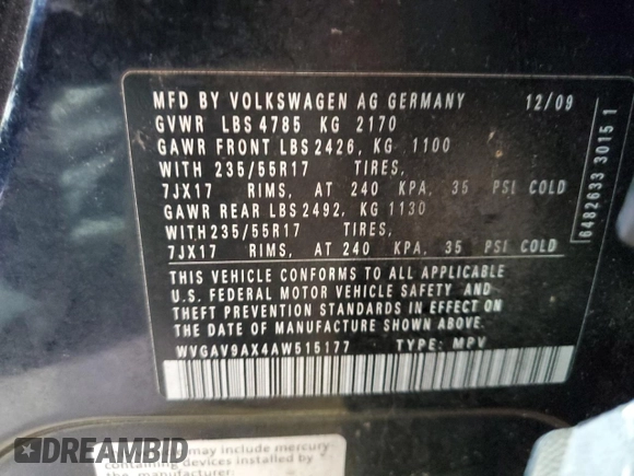 2010 Volkswagen Tiguan with VIN WVGAV9AX4AW515177, listed as a Copart auction lot 89202075 with 175,788 mi miles and Salvage Title. Bid and sale history available at DreamBid. Image 13.