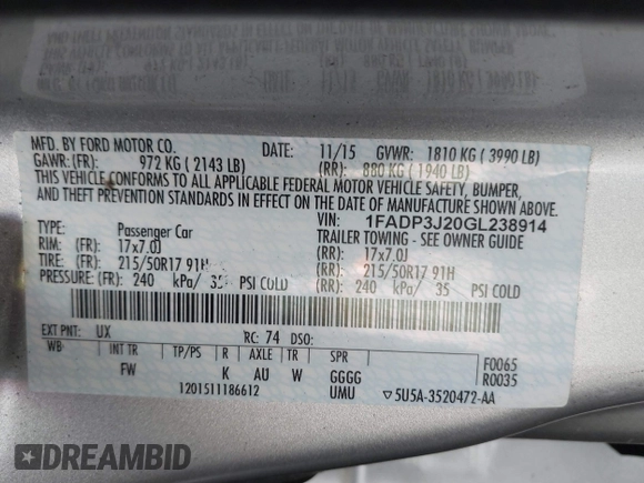 2016 Ford Focus Titanium with VIN 1FADP3J20GL238914, listed as a IAAI auction lot 42338977 with 126,276 mi miles and . Bid and sale history available at DreamBid. Image 9.