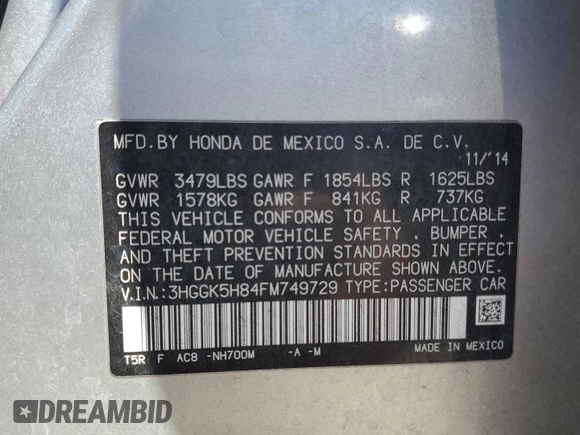 2015 Honda Fit EX-L with VIN 3HGGK5H84FM749729, listed as a Copart auction lot 61450914 with Not Provided miles and Salvage Title. Bid and sale history available at DreamBid. Image 13.