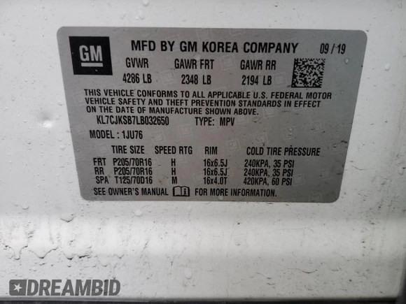 2020 Chevrolet Trax LS z VIN KL7CJKSB7LB032650, wystawiony jako Copart lot #58859075 z przebiegiem 40 899 mil mil oraz Szkoda całkowita • Salvage title. Historia ofert i sprzedaży dostępna na DreamBid. Obrazek 13.