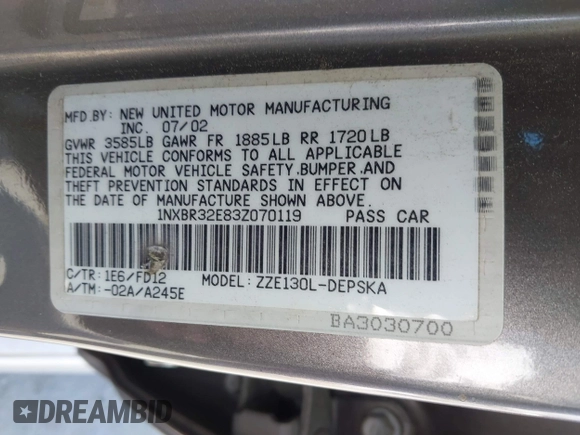 2003 Toyota Corolla CE with VIN 1NXBR32E83Z070119, listed as a IAAI auction lot 42105363 with 205,109 mi miles and . Bid and sale history available at DreamBid. Image 9.