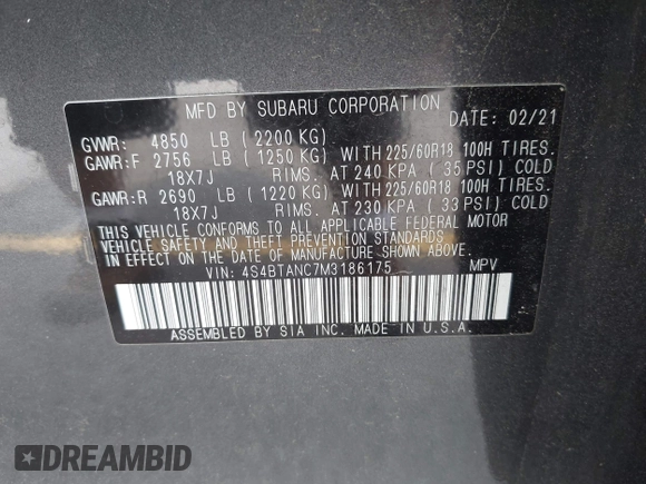 2021 Subaru Outback Limited with VIN 4S4BTANC7M3186175, listed as a IAAI auction lot 42514619 with 45,463 mi miles and . Bid and sale history available at DreamBid. Image 9.