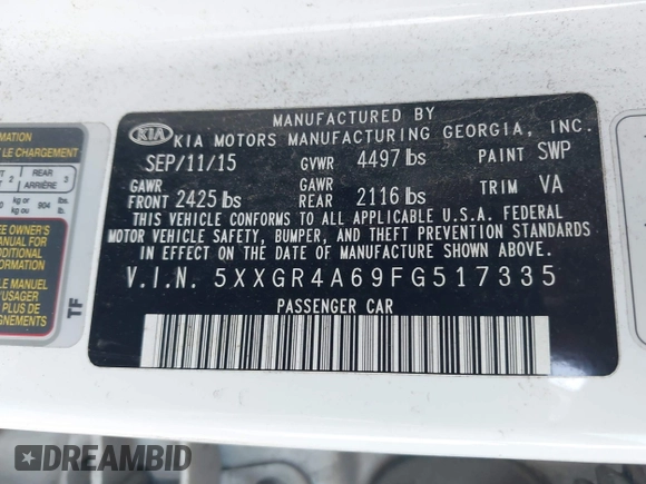 2015 Kia Optima SX Turbo with VIN 5XXGR4A69FG517335, listed as a IAAI auction lot 42014655 with 91,831 mi miles. Bid and sale history available at carsss.com. Image 9.