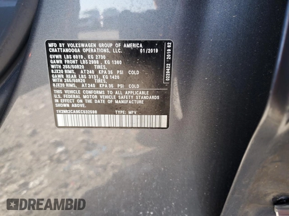 2019 Volkswagen Atlas SEL Premium с VIN 1V2NR2CA9KC532598, выставлен на аукционе Copart как лот 51748725 с пробегом 72 159 миль миль и Списание • Salvage title. История ставок и продаж доступна на DreamBid. Изображение 15.