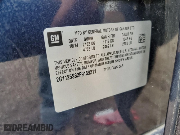 2015 Chevrolet Impala LT with VIN 2G1125S32F9159211, listed as a Copart auction lot 61585405 with 152,361 mi miles and Salvage title. Bid and sale history available at DreamBid. Image 12.