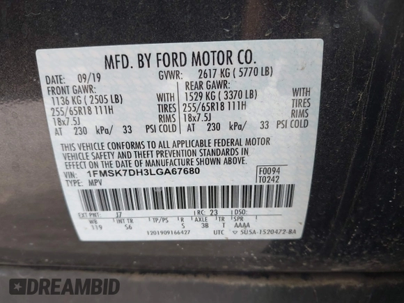 2020 Ford Explorer XLT z VIN 1FMSK7DH3LGA67680, wystawiony jako IAAI lot #41793104 z przebiegiem 57 409 mil mil oraz . Historia ofert i sprzedaży dostępna na DreamBid. Obrazek 9.