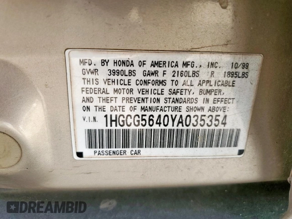 2000 Honda Accord LX z VIN 1HGCG5640YA035354, wystawiony jako Copart lot #58934115 z przebiegiem 167 536 mil mil oraz Szkoda całkowita • Salvage title. Historia ofert i sprzedaży dostępna na DreamBid. Obrazek 13.