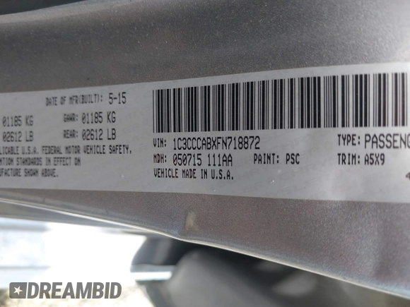 2015 Chrysler 200 Limited with VIN 1C3CCCABXFN718872, listed as a IAAI auction lot 42098661 with 220,011 mi miles. Bid and sale history available at carsss.com. Image 9.