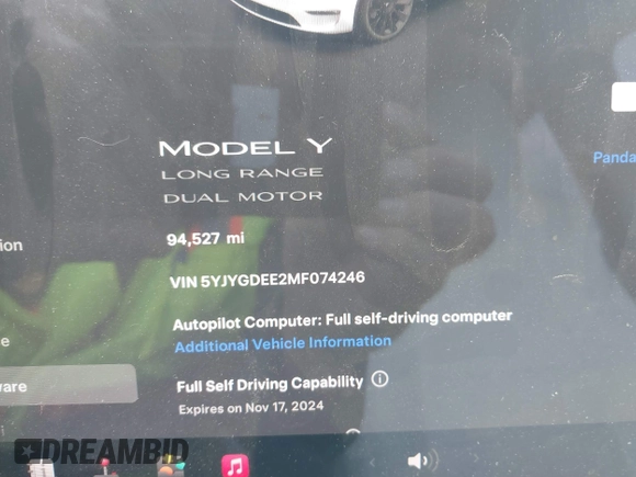 2021 Tesla Model Y Long Range with VIN 5YJYGDEE2MF074246, listed as a IAAI auction lot 40456971 with 94,527 mi miles. Bid and sale history available at carsss.com. Image 7.