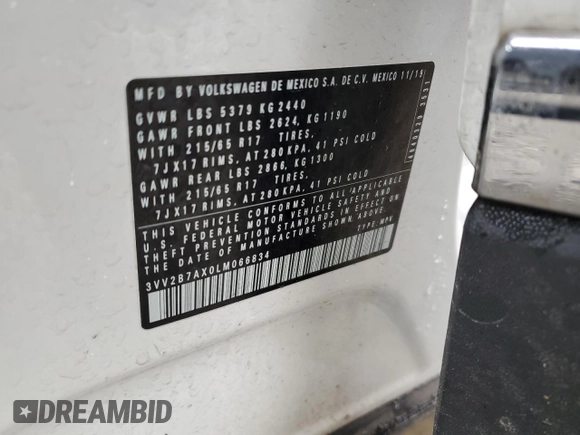2020 Volkswagen Tiguan SE with VIN 3VV2B7AX0LM066834, listed as a Copart auction lot 50202205 with 66,530 mi miles and Salvage Title. Bid and sale history available at DreamBid. Image 13.