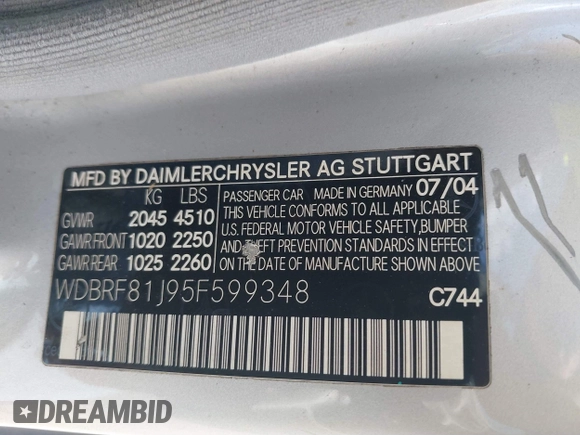 2005 Mercedes-Benz C 240 with VIN WDBRF81J95F599348, listed as a IAAI auction lot 41725376 with 210,859 mi miles and . Bid and sale history available at DreamBid. Image 9.