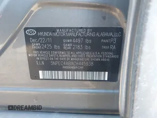 2012 Hyundai Sonata SE with VIN 5NPEC4ABXCH445938, listed as a IAAI auction lot 41834148 with 149,506 mi miles and . Bid and sale history available at carsss.com. Image 9.